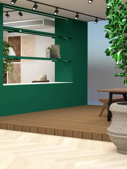 A render of the display nook with its bold green wall and integrated shelving. This visualization was key to confirming our color and material choices.