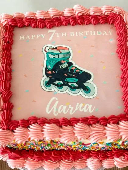 The custom-printed roller skate design makes this cake extra special.