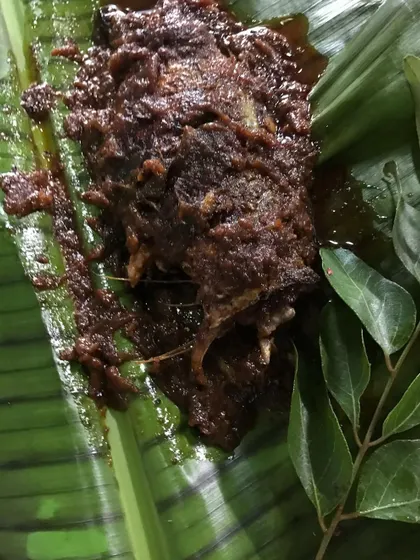 The final dish after being unwrapped. The fish is perfectly cooked, and the masala has thickened and caramelized around it, creating a taste sensation that is both rustic and refined.