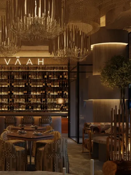 This view highlights the rich material palette of Zuvaah, with its mix of wood, stone, and woven textures. The design creates a space that feels timeless, grounded, and alive.