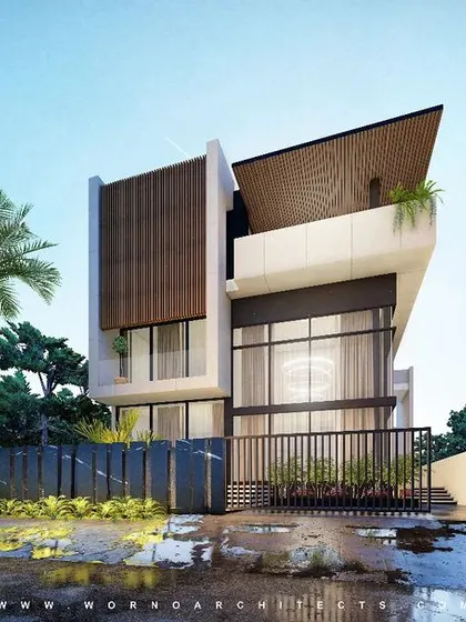A photorealistic render of Villa 91 in Noida, a design that combines stone, wood-clad eaves, and extensive glazing. The project is conceived as an urban oasis, with integrated greenery and a strong connection to its landscaped surroundings.