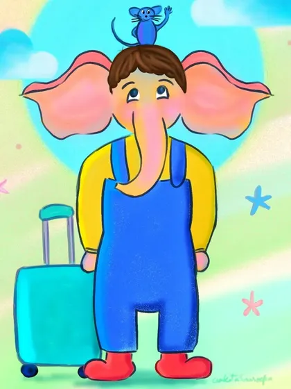 A playful character design of a young Ganesha dressed in overalls, ready for an adventure with his mouse friend on his head.