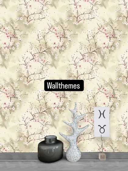 A mockup of a room with a subtle cherry blossom wallpaper, accessorized with modern decor items.