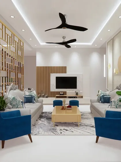 A 3D visualization of a living room project in Gurugram. The design features a bright and airy space with blue accent chairs, a gold-finished partition, and modern furniture.