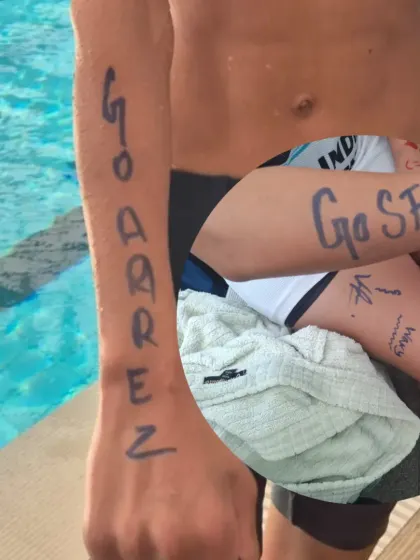 The spirit of our team is everything. "Go Aarez" and "Go SFIA" written on swimmers' arms shows the incredible support within our swim family.