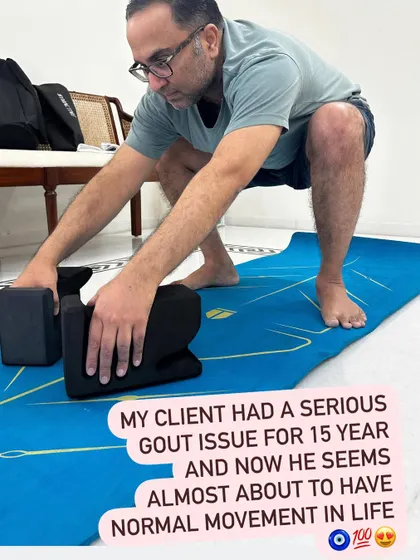 This client had a serious Gout issue for 15 years. Now, through targeted yoga and mobility work, he is regaining normal movement and can comfortably hold a deep squat with prop support.