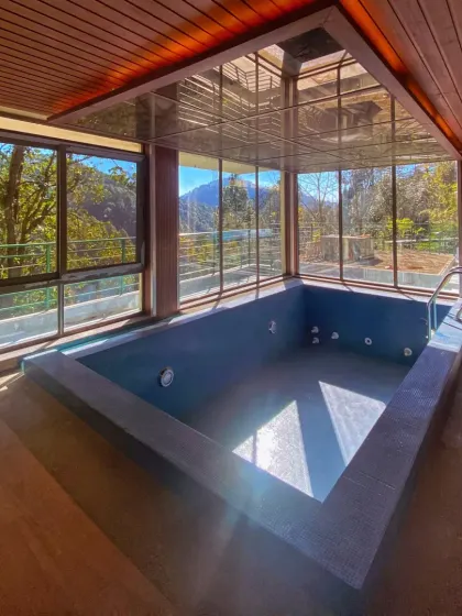 The indoor plunge pool at the Uttarakhand homestay. Surrounded by floor-to-ceiling glass and a skylight, this space allows for a swim with an uninterrupted view of the forest and mountains.