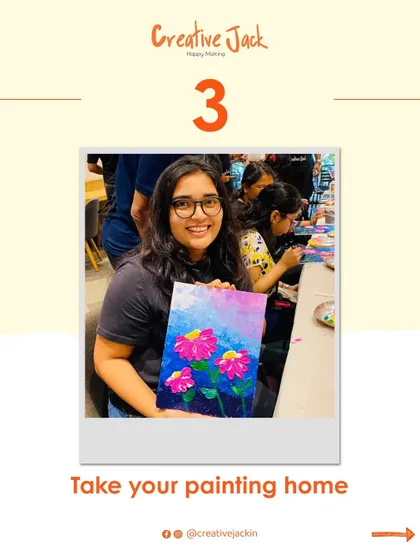 A happy student holds her colorful floral painting. One of the best parts of my workshops is that you always get to take your masterpiece home.