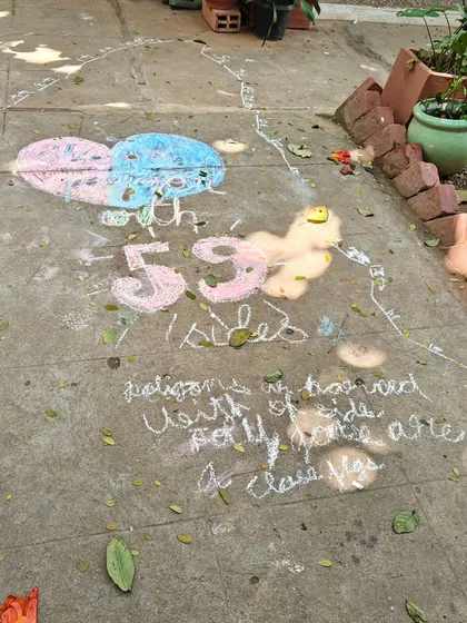 "A polygon with 59 sides." This chalk drawing on the pavement is the result of a collaborative project to build a mammoth polygon. Learning spills out of the classroom and becomes a public declaration of discovery.