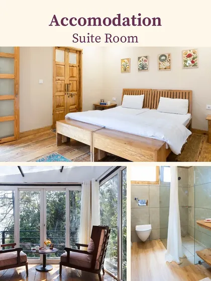 The suite rooms at Dunagiri offer a bit more space and comfort, with beautiful views of the surrounding nature. Your stay is an integral part of the retreat experience, providing a sanctuary for rest.