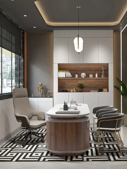 A modern boss cabin that combines a geometric-patterned rug with sleek furniture and a view of the city. The design is both stylish and functional.