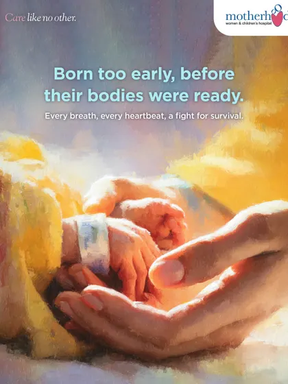 A close-up of a parent's hand gently holding their premature baby's tiny fingers in the NICU. Every touch is a connection, and we guide parents on how to safely interact with their baby, fostering a bond that is crucial for healing and development.