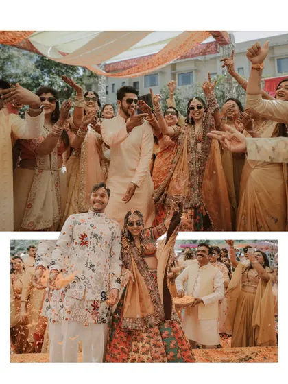 The couple surrounded by their cheering friends and family, a perfect snapshot of the collective joy at their Haldi.