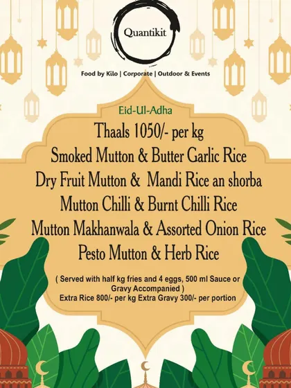 My special Thaals menu for Eid-Ul-Adha. This menu offers unique combinations like Smoked Mutton with Butter Garlic Rice and Pesto Mutton with Herb Rice, providing a complete meal solution.