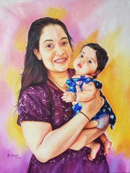 A classic mother and daughter portrait in acrylics. The soft, blended background keeps the focus on the realistic details of their faces and the bond they share.