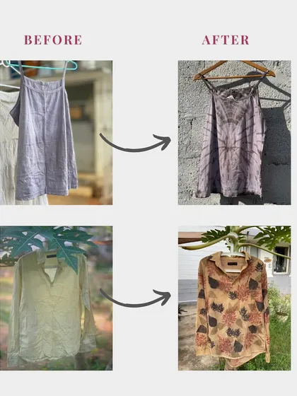 Before and after our Resurrect service. We believe in giving clothes a second life. This is how we transform pre-loved garments, using natural dyes and creative techniques to turn stains and fading into beautiful, one-of-a-kind designs.