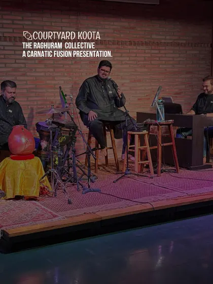 The Raghuram Collective delivering a powerful Carnatic fusion presentation on our stage. The lighting and setup are designed to highlight the performers, creating a professional and engaging atmosphere for any music genre.