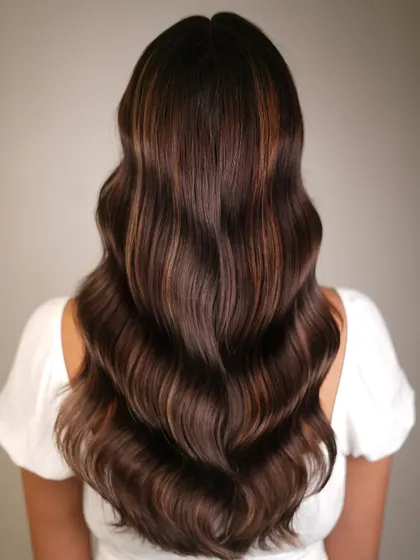 The back view of our Mocha Caramel balayage, showing how the highlights are strategically placed to create depth and movement throughout the hair.