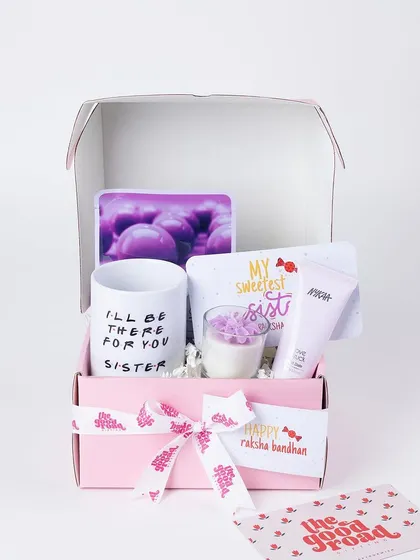 Another look at our pink-themed Rakhi hamper, showing the curated items designed to make your sister feel special.