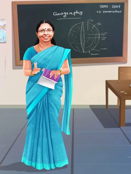 A 'snehasammanam' (gift of love) from students to their favorite teacher. This portrait shows her in her classroom, a perfect retirement or farewell gift.