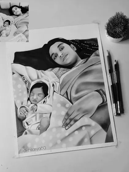 A very tender moment between a mother and her newborn, captured in a gentle A3 graphite sketch. The softness of the charcoal is perfect for such a delicate subject.