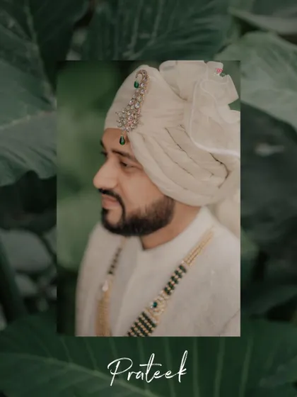 A close-up profile shot of the groom, highlighting the details of his turban and his calm demeanor.