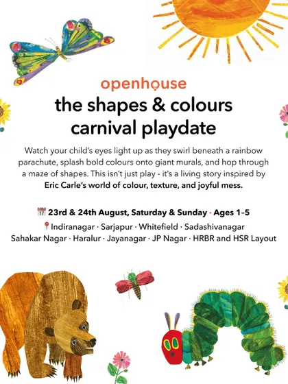 This poster for our Shapes & Colours Carnival Playdate is inspired by the art of Eric Carle. It invites kids to a living story of color, texture, and joyful mess.