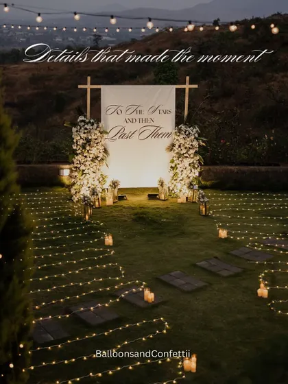 The journey to "yes". I designed this entire scene with a custom "To The Stars" backdrop, a pathway of ambient ground lighting, and elegant floral arrangements to build anticipation for the big question.