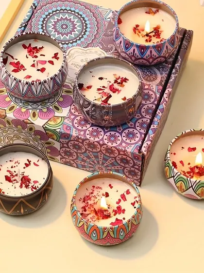 These tin jar candles with intricate mandala designs are a colorful and vibrant option for festive gifting.
