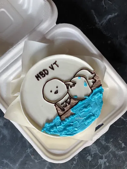 A cute, hand-drawn bento cake for a birthday, showing two little birds in a nest.