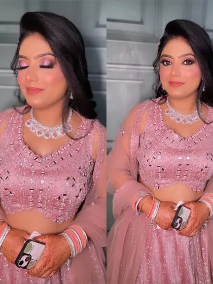 A collage of my gorgeous engagement bride Aditi. You can see the details of her shimmery pink eye makeup and how it beautifully complements her pastel lehenga.