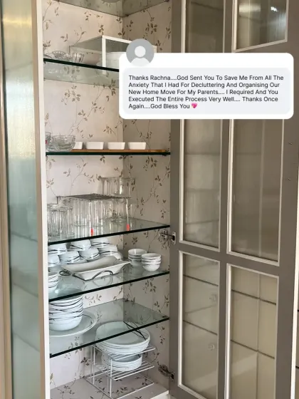 "God sent you to save me from all the anxiety." This client was overwhelmed with organizing a new home for her parents. I was able to execute her vision, creating a system that relieved her stress and made the move a smooth, positive experience.