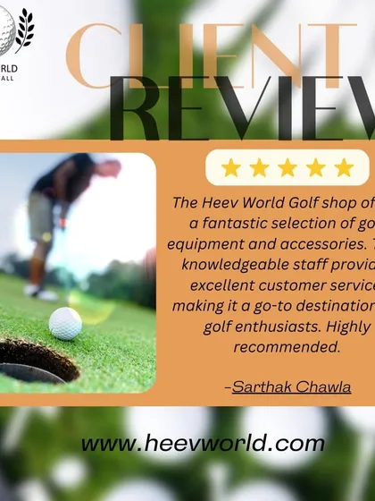 A review from a happy client praising the fantastic selection of equipment and the knowledgeable customer service, calling my shop a go-to destination for golf enthusiasts.