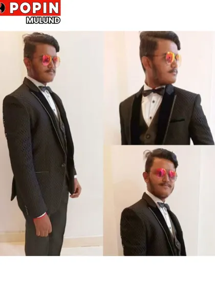 This collage shows a client looking sharp in a black textured tuxedo with a satin lapel. It’s a sophisticated choice for any black-tie event.