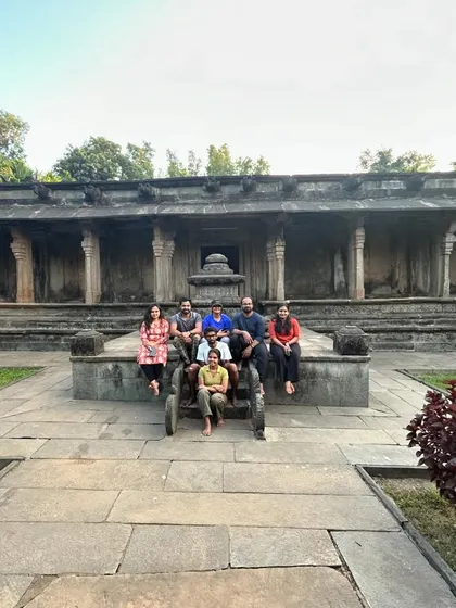 Our group at a historic stone temple, a cultural stop during our trek.