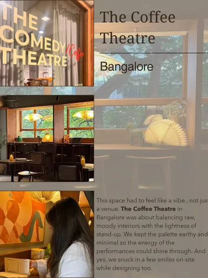 A collage summarizing our design for The Coffee Theatre in Bangalore. We aimed for a raw, moody interior with an earthy and minimal palette, allowing the energy of the stand-up performances to shine.