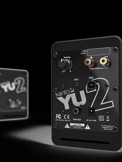 The back panel of the Kanto YU2 speaker shows its simple connectivity. It has a USB input for your computer, an auxiliary input for other devices, and even a subwoofer output if you want to add more bass.