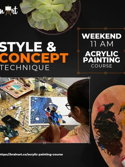 Our weekend acrylic painting course is perfect for busy adults. This graphic highlights our focus on style, concept, and technique.