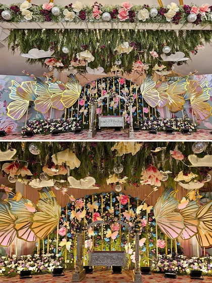 This split image shows the versatility of the butterfly decor under different lighting conditions, proving its beauty both day and night.