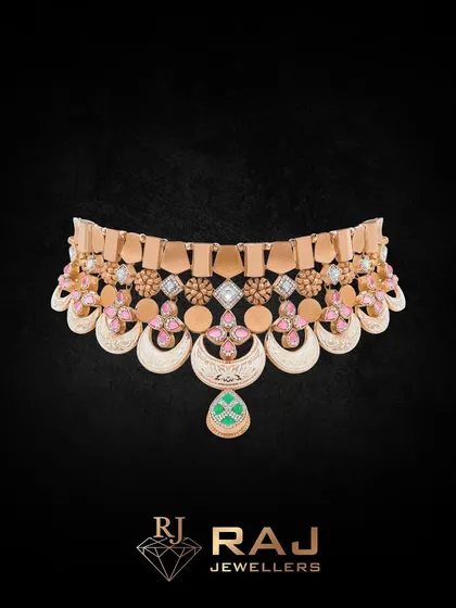 This choker necklace combines modern geometry with traditional motifs, featuring crescent shapes and floral elements accented with pink and green stones. It is a vibrant and festive piece.