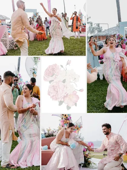 A collage of fun and candid moments from a Haldi party, showing the couple dancing, playing games, and enjoying the celebration.