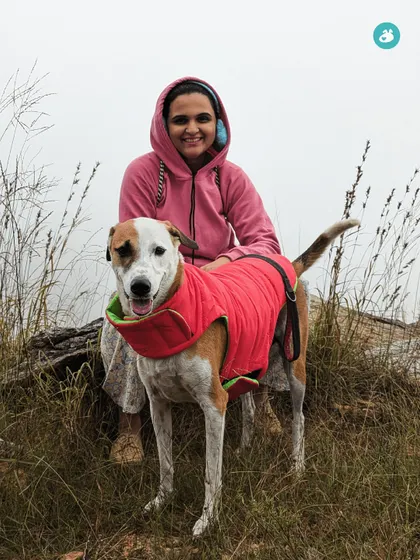 An Indie dog, warm in his jacket, poses with his parent on a cool morning hike. We believe every dog, regardless of breed, deserves to experience the joy of the great outdoors.