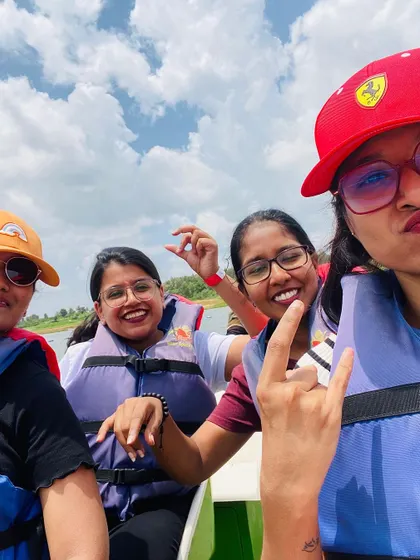 A fun selfie during a boat ride. Our water activities are a great way to bond with the group and have some laughs.