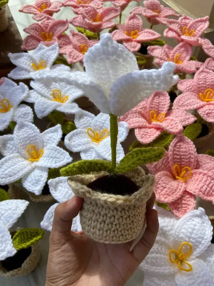 A close-up of a single potted white lily, showing the delicate craftsmanship of the petals and pot.