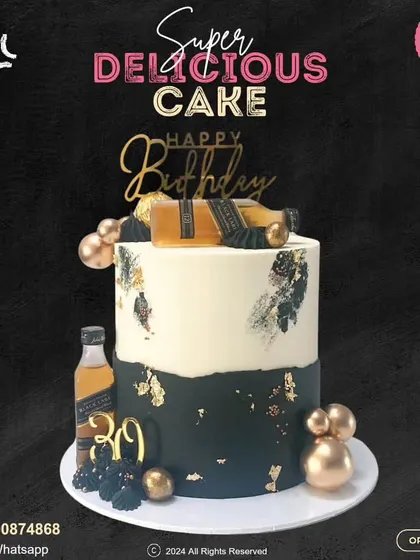 A luxurious birthday cake for a milestone celebration. This design features a sleek black and white theme, adorned with miniature Johnnie Walker Black Label bottles and gold accents.