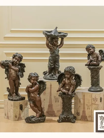 This collection of Cupid Cherub figurines celebrates love and passion. Each one is beautifully crafted, making them a delightful addition to a shelf or mantelpiece, especially for a romantic or classical decor theme.