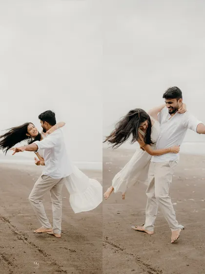 Twirling and laughing on the sand. This pair of images captures the dynamic movement and infectious happiness of the couple during their beach shoot.