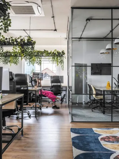 The main workstation zone, designed for flexibility and collaboration. The open plan is broken up by colorful rugs and planters, giving the large space a cozy and organized feel.