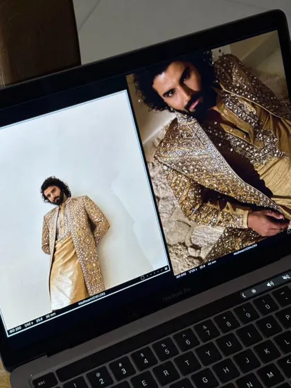 Another look at the monitor during the shoot, displaying the high-quality, camera-ready results of my grooming. The skin appears flawless and natural in both the full-length and close-up shots.