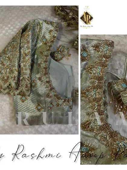 A closer look at the pastel green blouse, showing the intricate cutwork and custom latkans. The small dangling elements were a special request from the client.